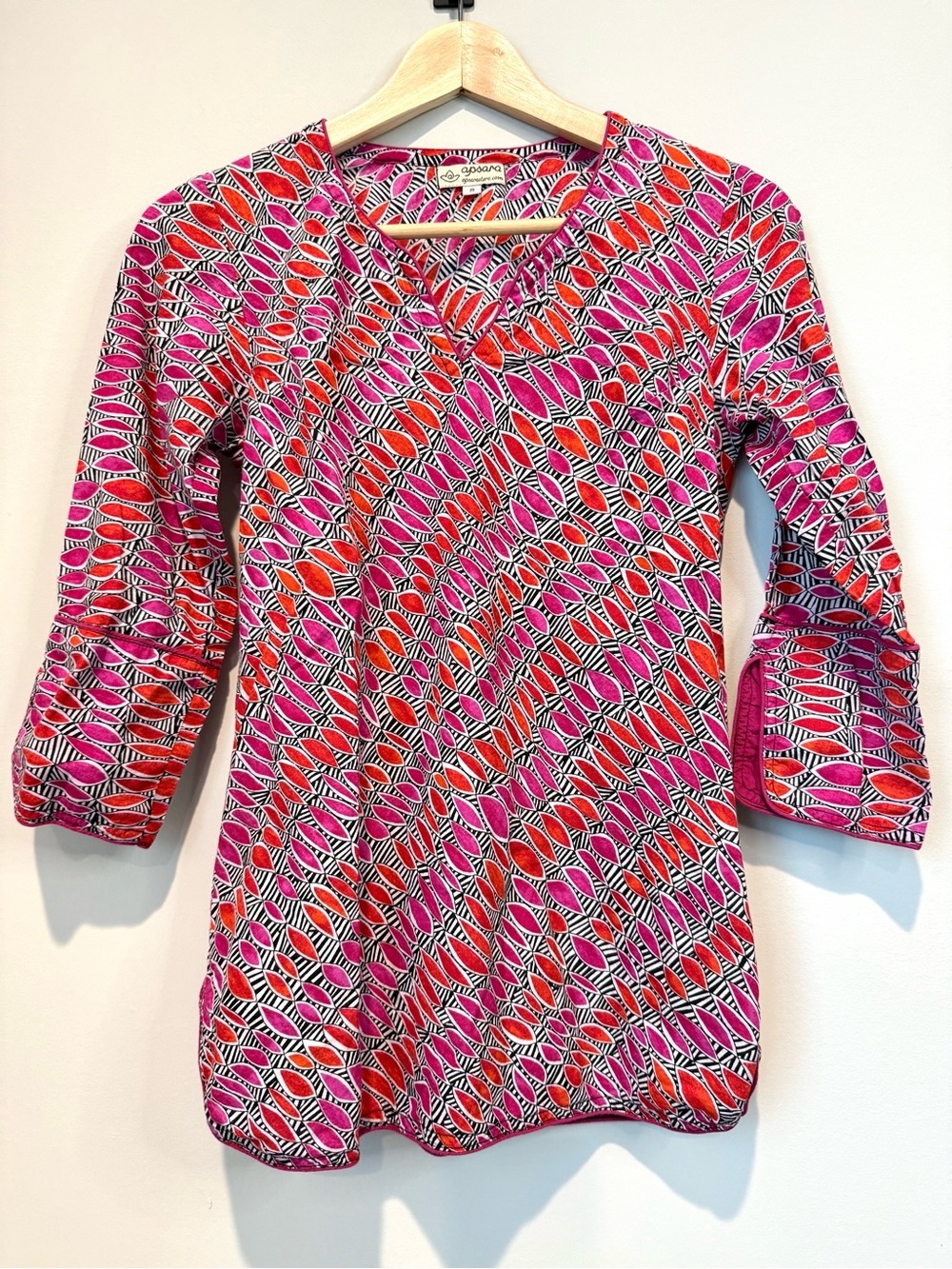 Apsara Pink Orange Geometric Printed 3/4 Sleeve Lightweight Cotton Tunic